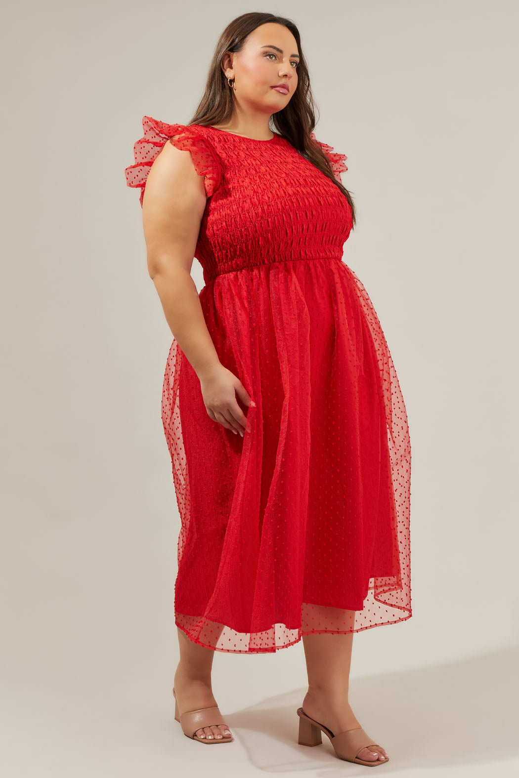 Lucille Organza Dot Smocked Midi Dress Curve