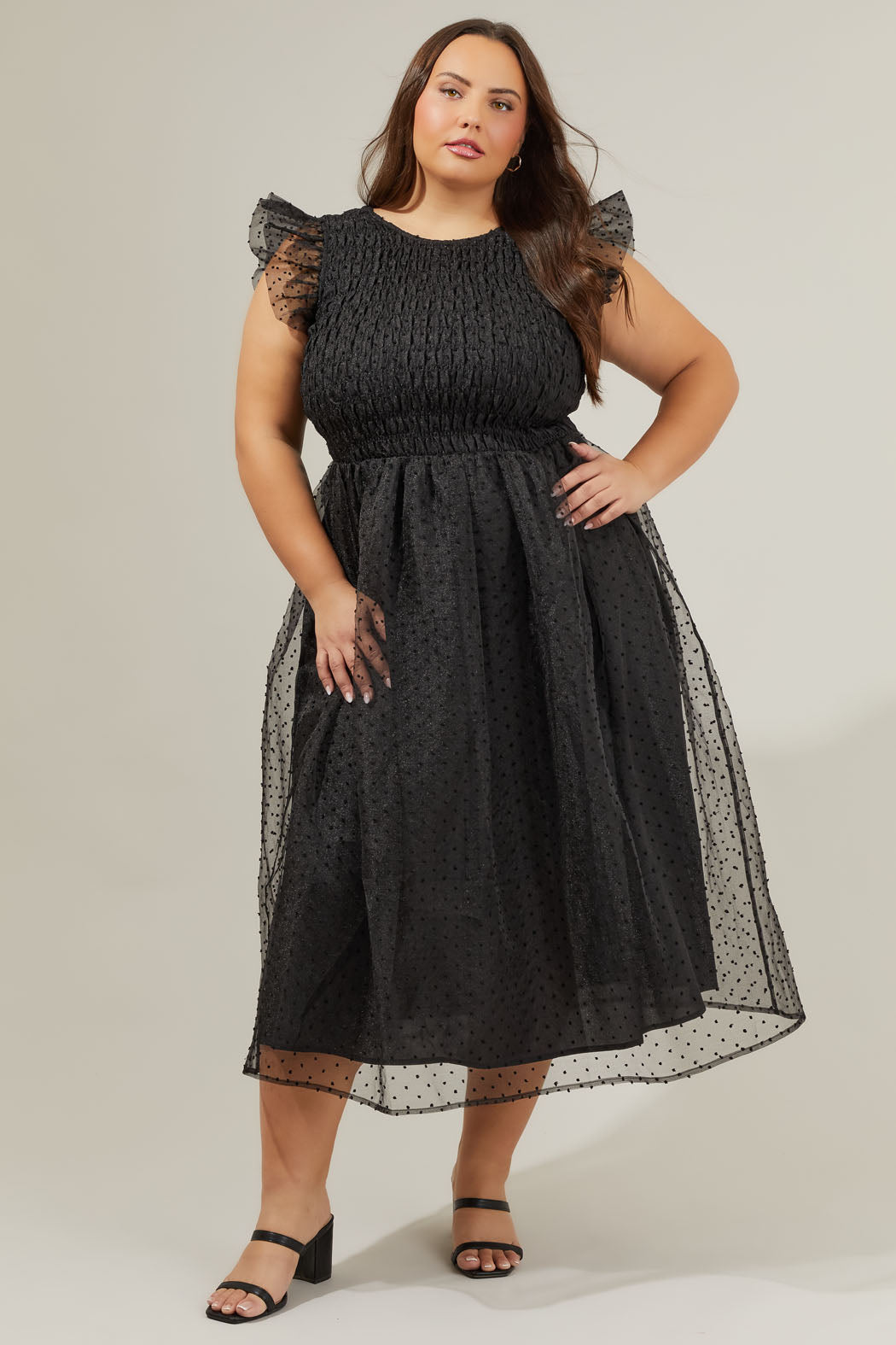 Lucille Organza Dot Smocked Midi Dress Curve
