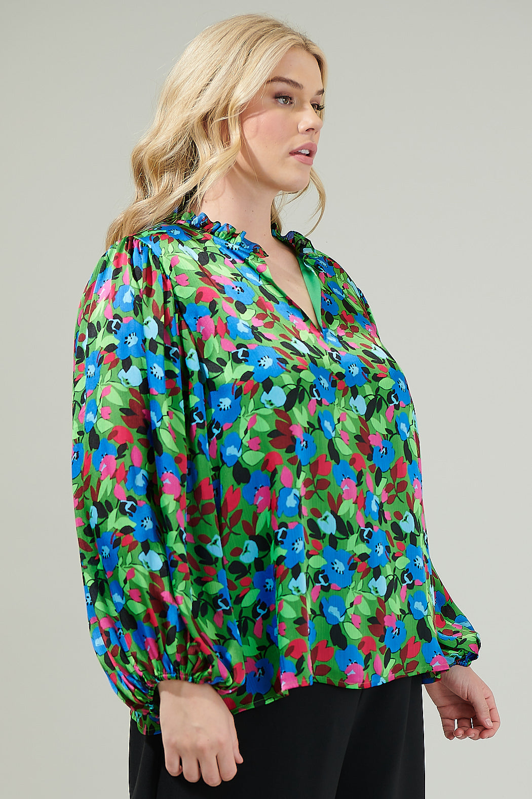 Destine Floral Hathaway Split Neck Long Sleeve Blouse Curve