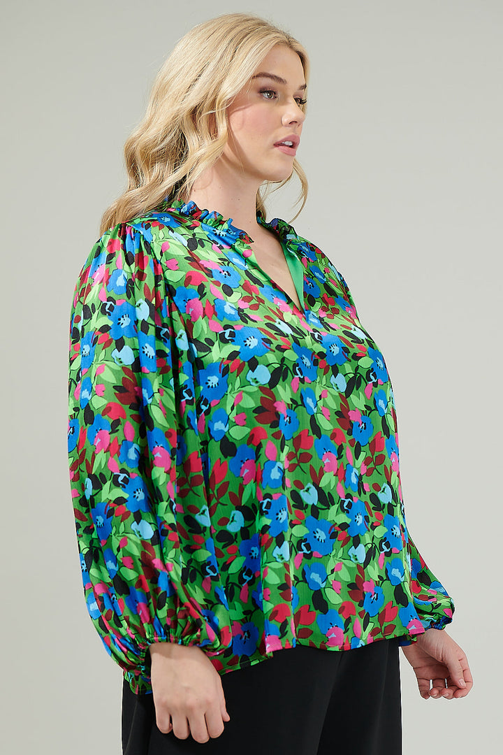 Destine Floral Hathaway Split Neck Long Sleeve Blouse Curve
