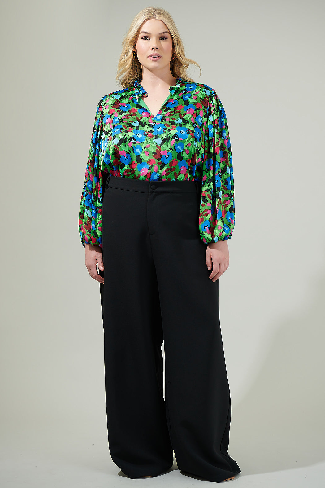 Destine Floral Hathaway Split Neck Long Sleeve Blouse Curve