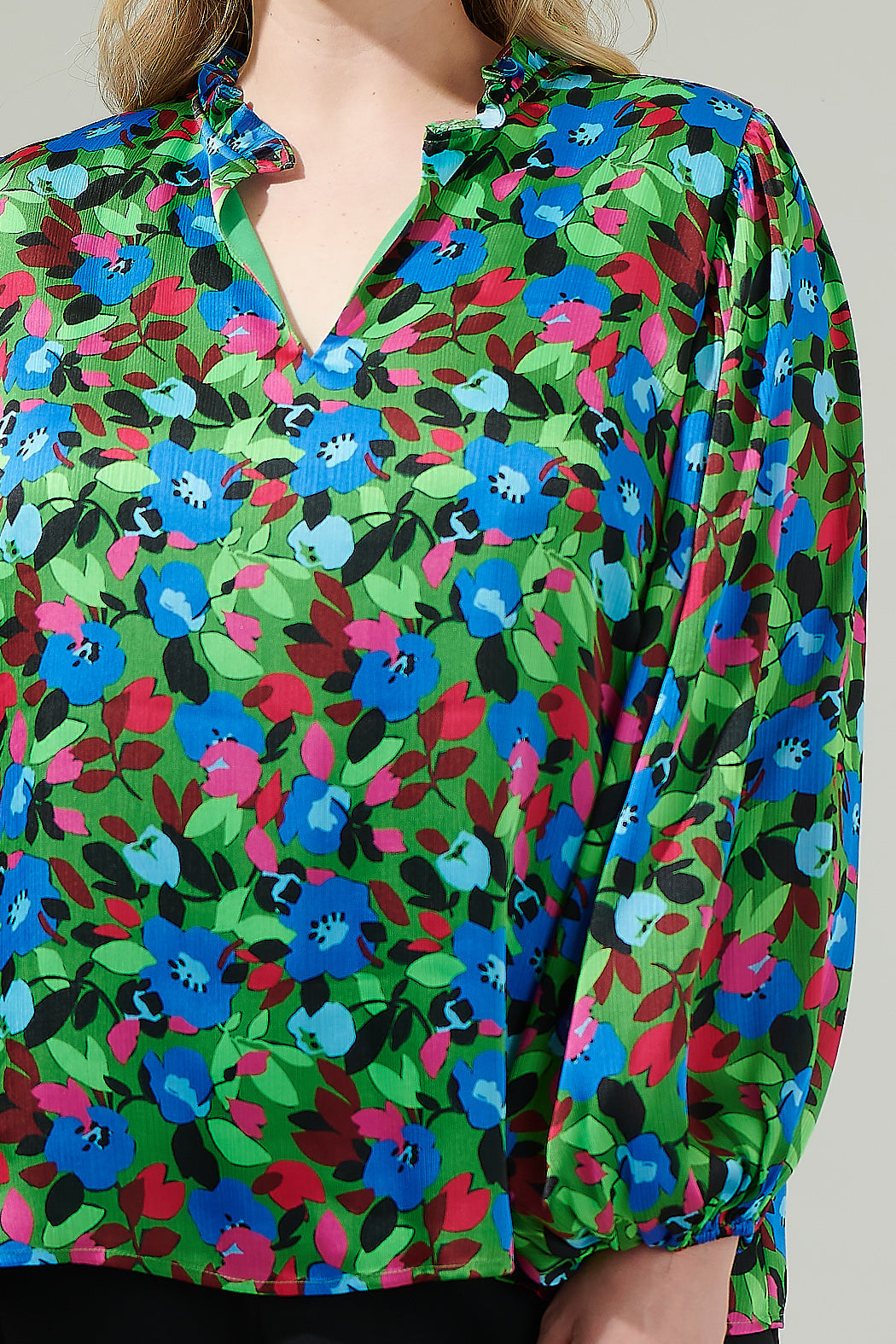 Destine Floral Hathaway Split Neck Long Sleeve Blouse Curve