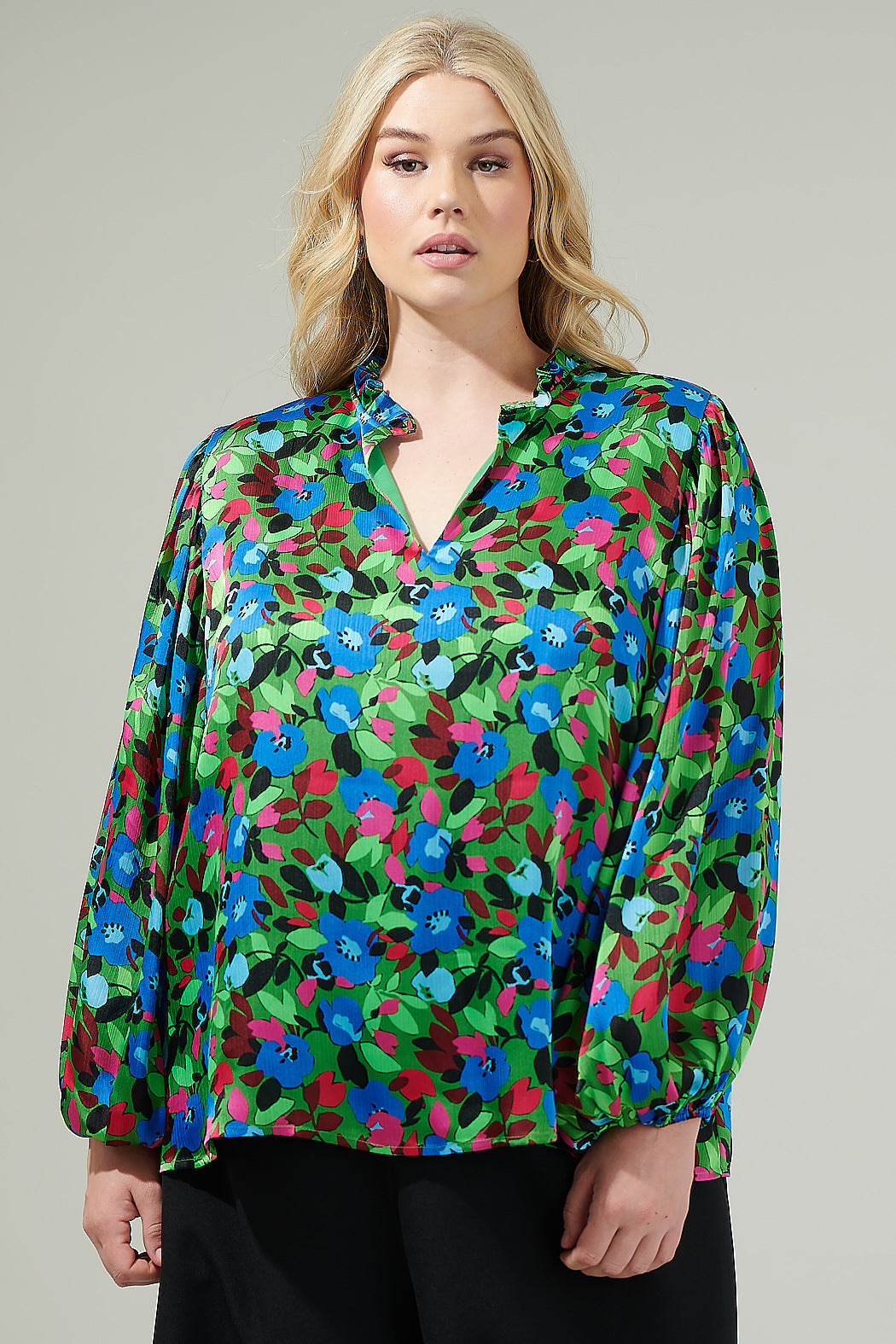 Destine Floral Hathaway Split Neck Long Sleeve Blouse Curve