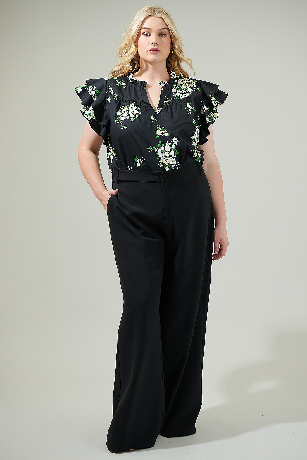 Emery Floral Split Neck Top Curve