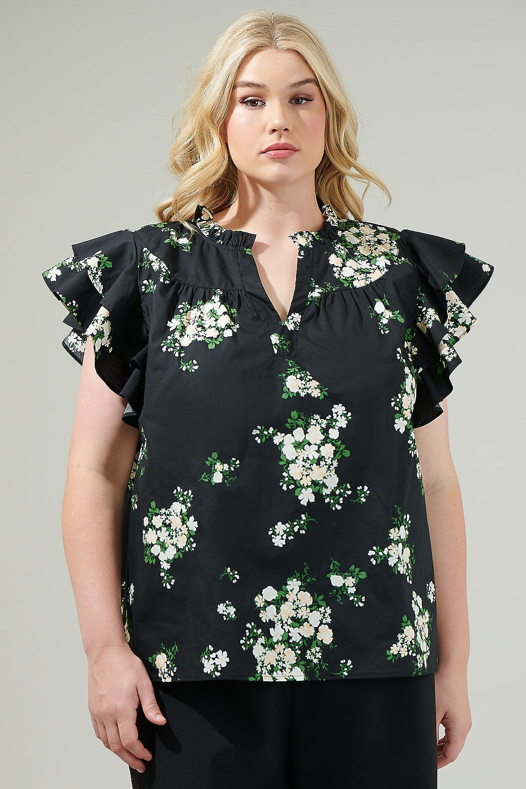 Emery Floral Split Neck Top Curve