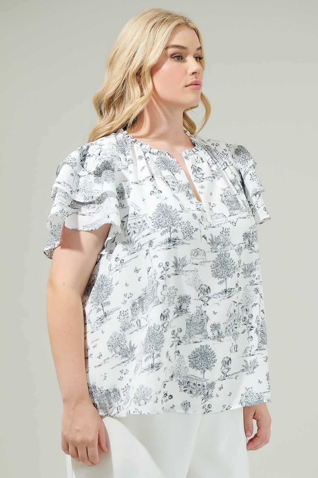 Renzo Toile Ruffle Blouse Curve