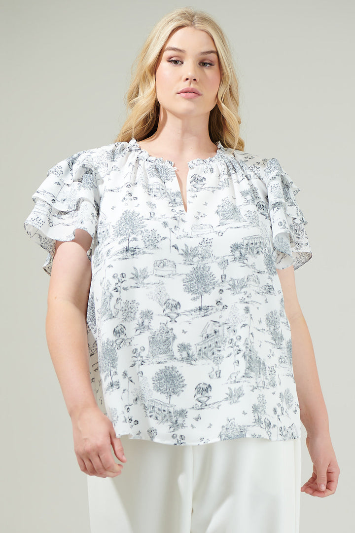 Renzo Toile Ruffle Blouse Curve