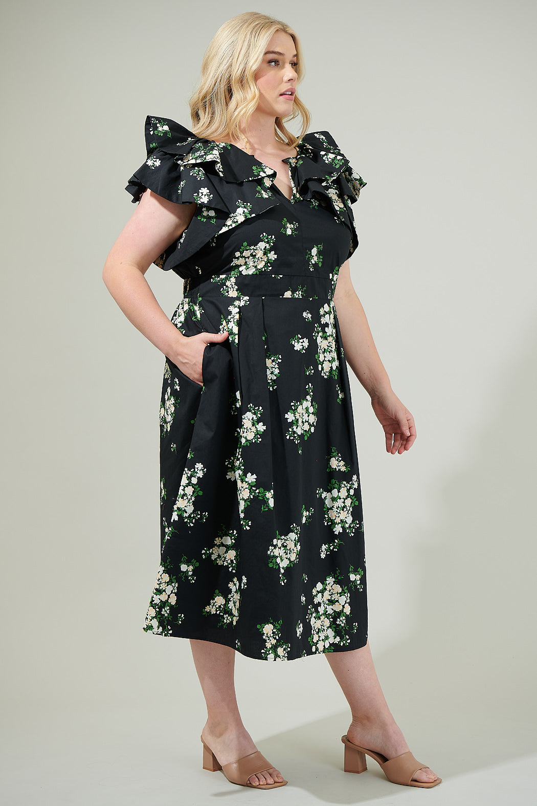 Emery Floral Santana Tie Back Midi Dress Curve