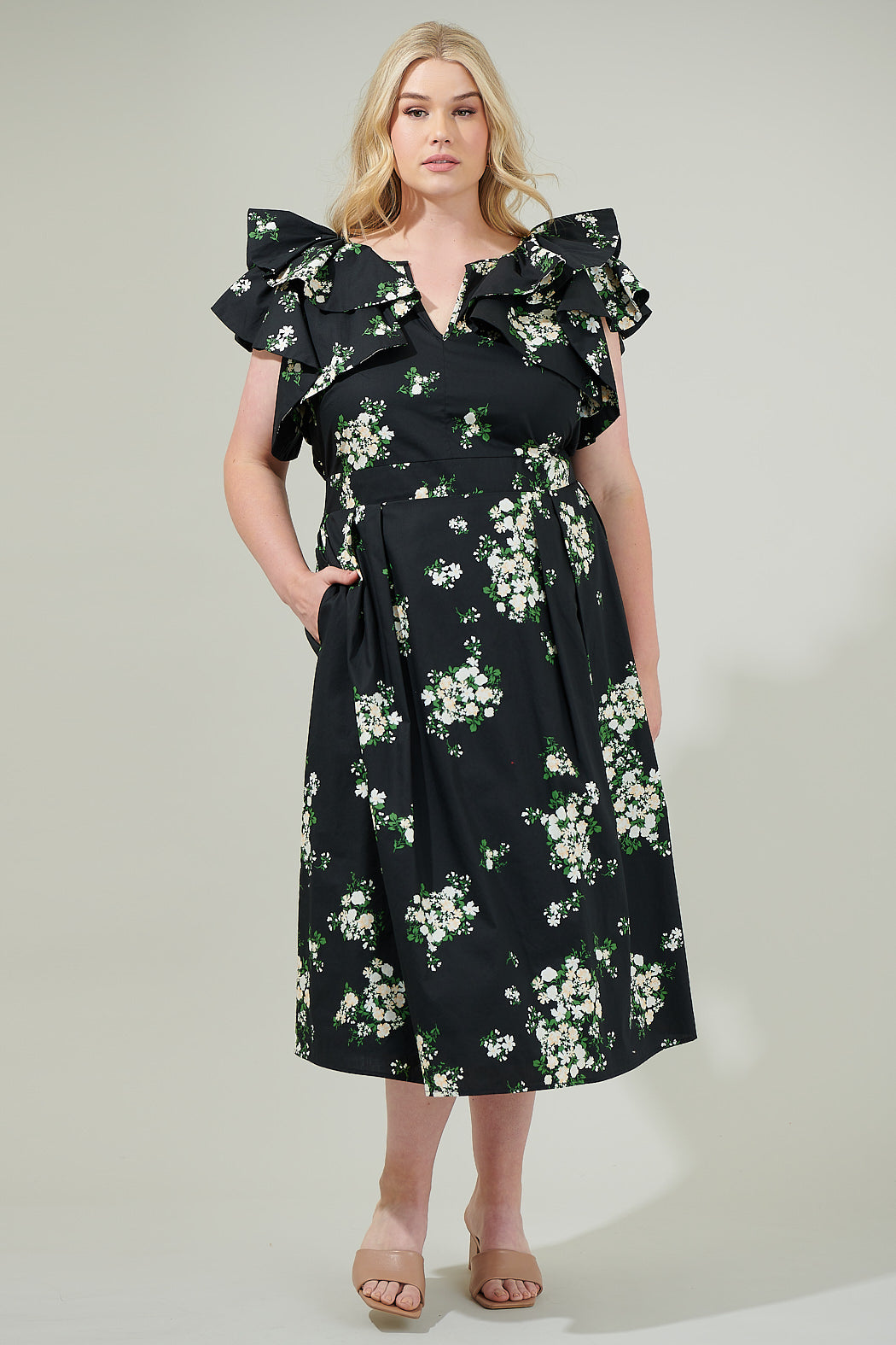 Emery Floral Santana Tie Back Midi Dress Curve