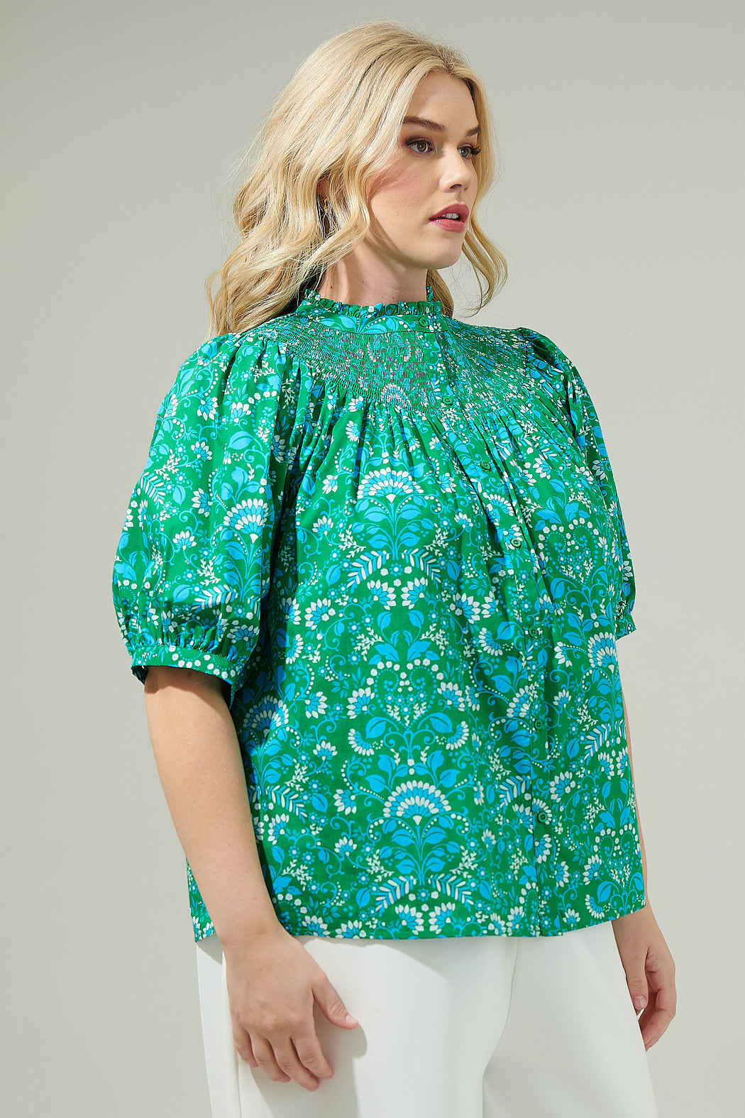 Alina Floral Smocked Mock Neck Top Curve