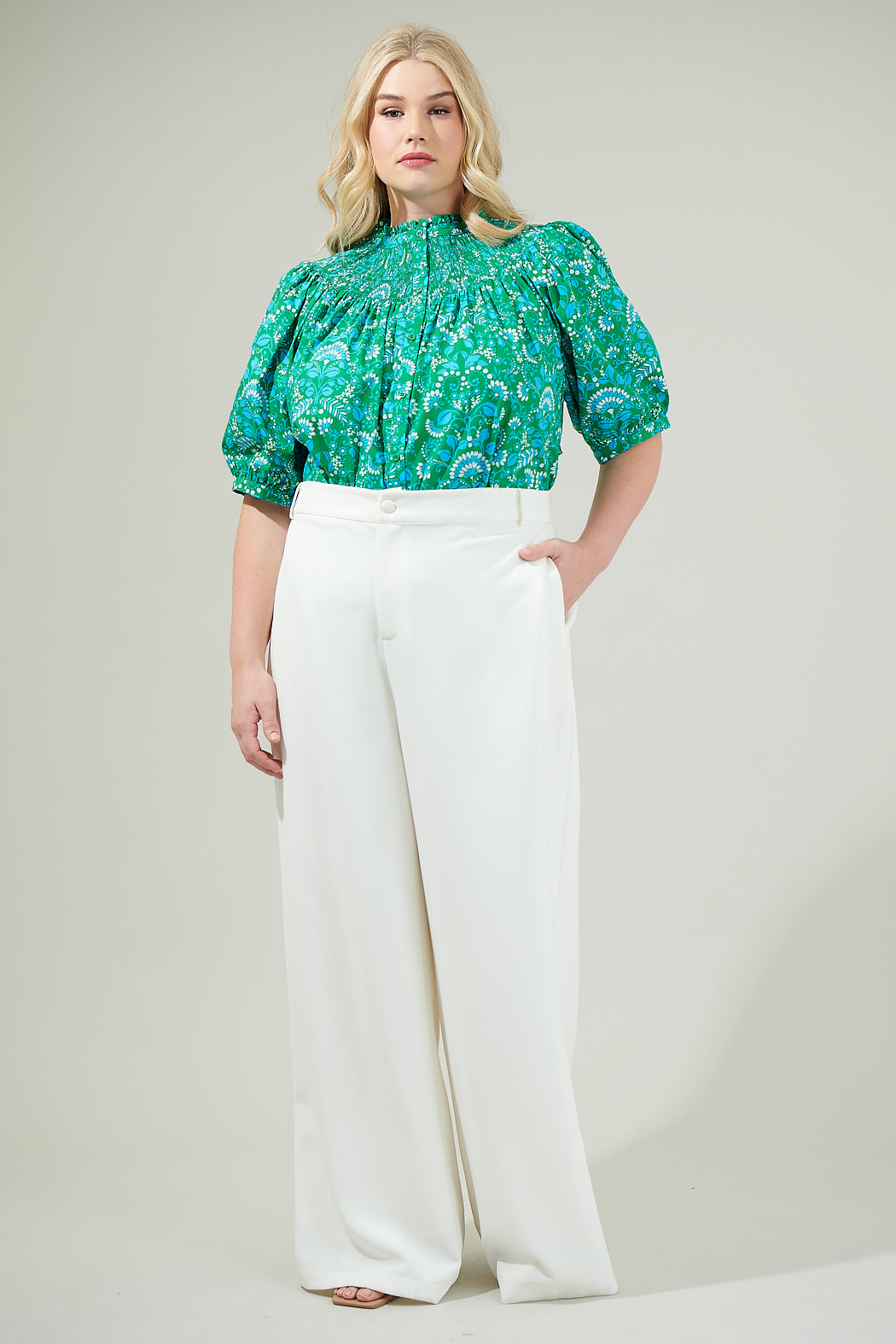 Alina Floral Smocked Mock Neck Top Curve