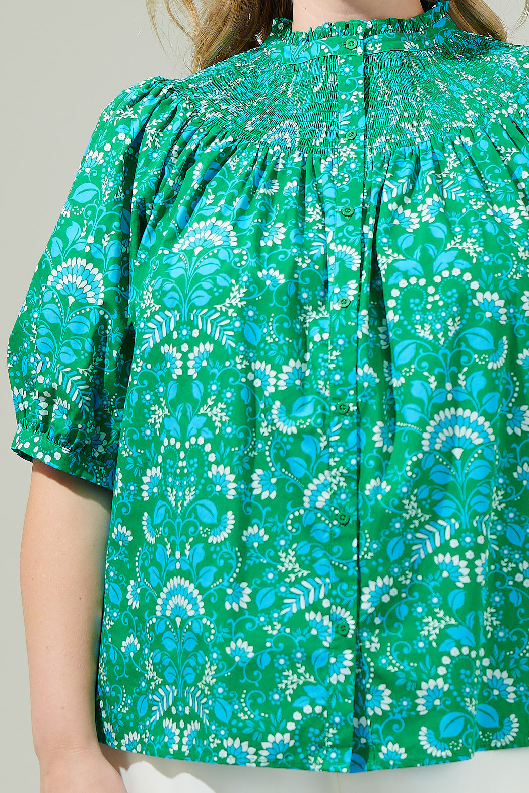 Alina Floral Smocked Mock Neck Top Curve