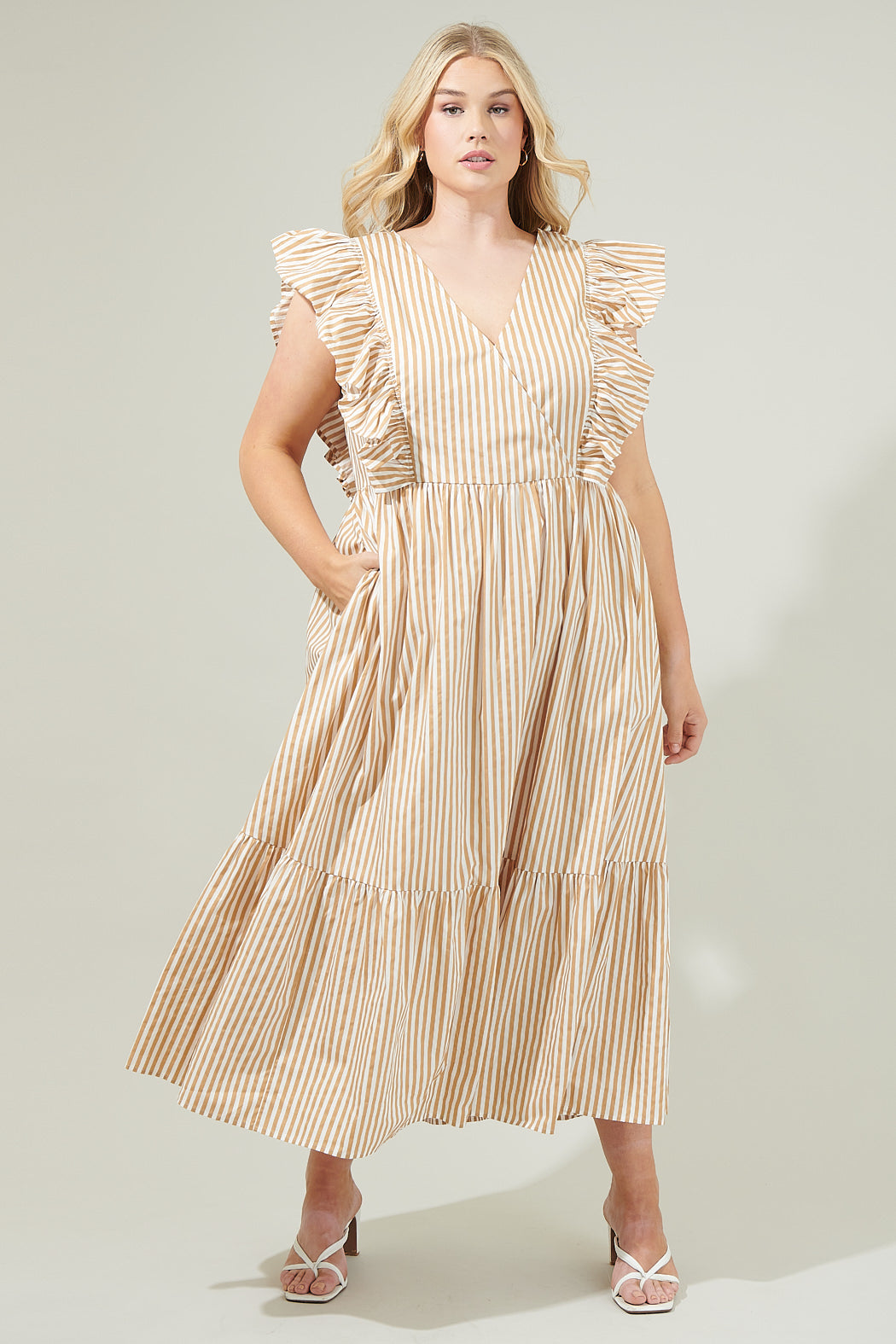 Luna Striped Fairness Taupe Poplin Surplice Midi Dress Curve