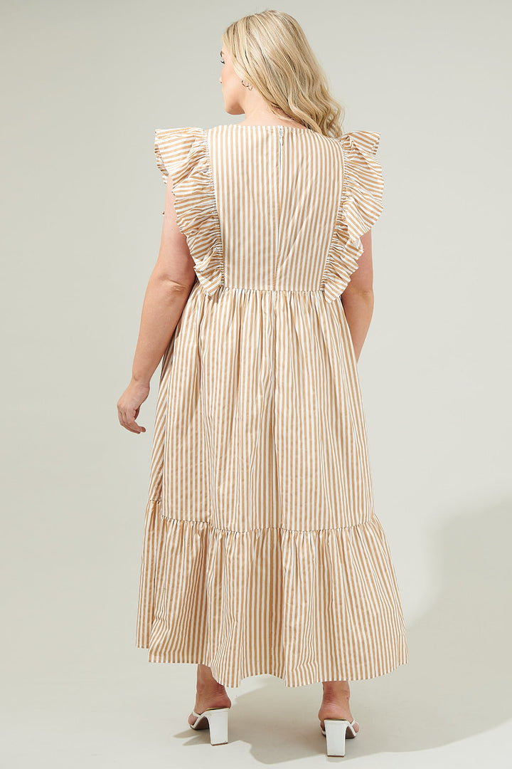 Luna Striped Fairness Taupe Poplin Surplice Midi Dress Curve
