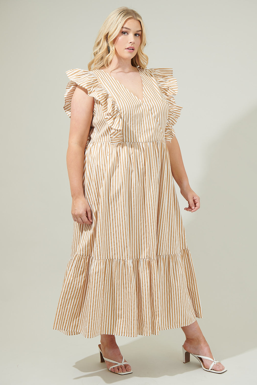 Luna Striped Fairness Taupe Poplin Surplice Midi Dress Curve
