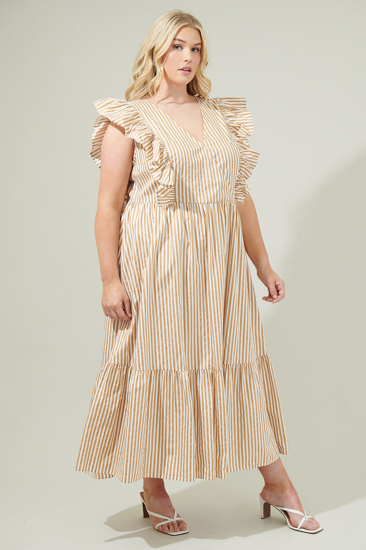 Luna Striped Fairness Taupe Poplin Surplice Midi Dress Curve