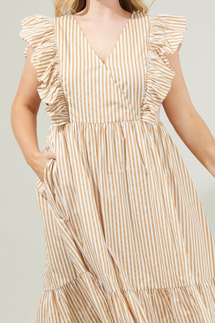 Luna Striped Fairness Taupe Poplin Surplice Midi Dress Curve