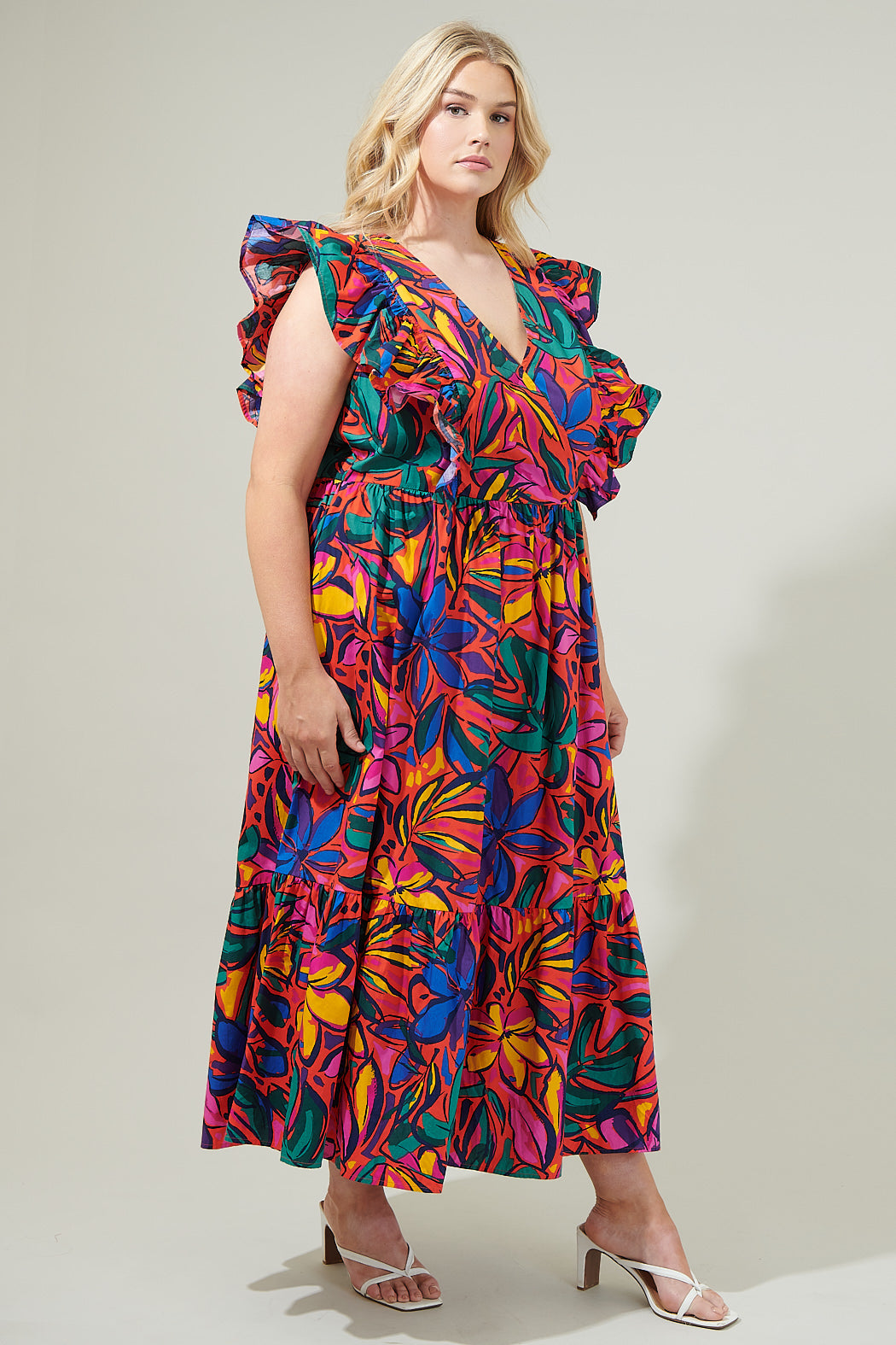 Rainbow Tropics Fairness Poplin Surplice Midi Dress Curve