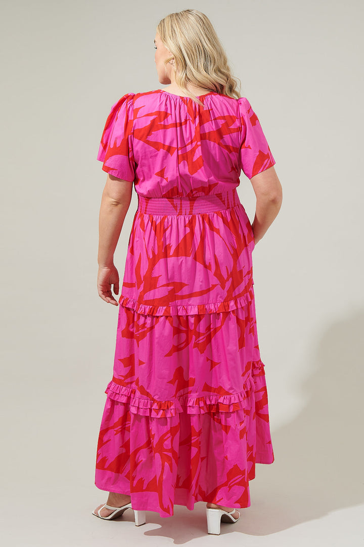 Jolene Abstract Palmer Poplin Tiered Maxi Dress Curve