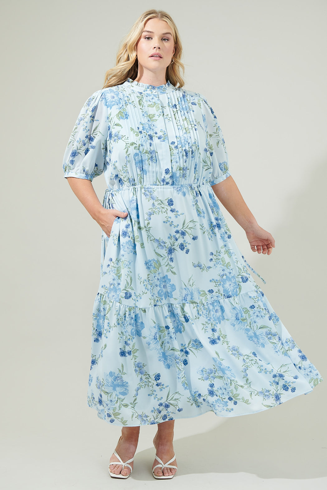 Dusty Floss Floral Pleated Midi Dress Curve