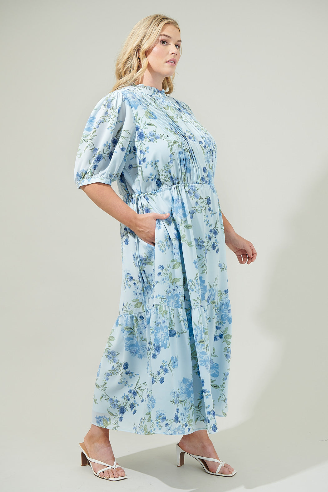 Dusty Floss Floral Pleated Midi Dress Curve