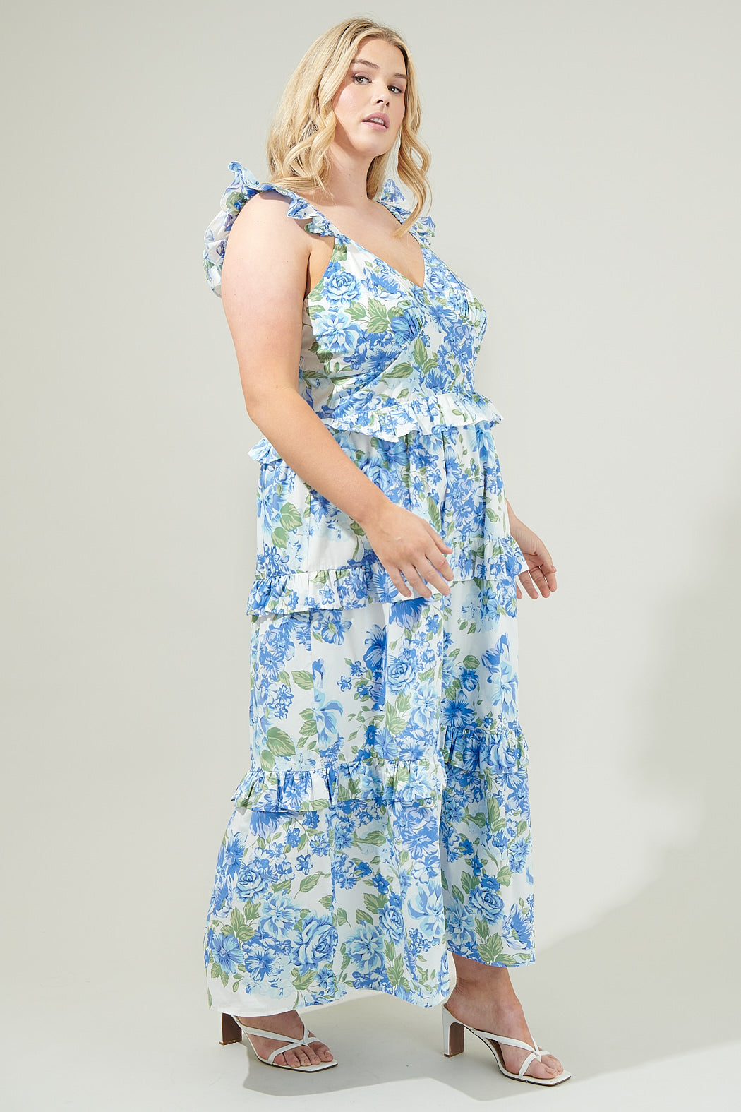 Truth Be Told Blue Floral Tiered Maxi Dress Curve