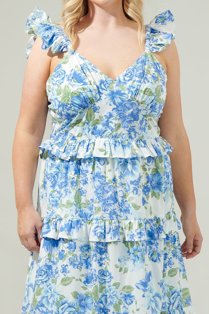 Truth Be Told Blue Floral Tiered Maxi Dress Curve