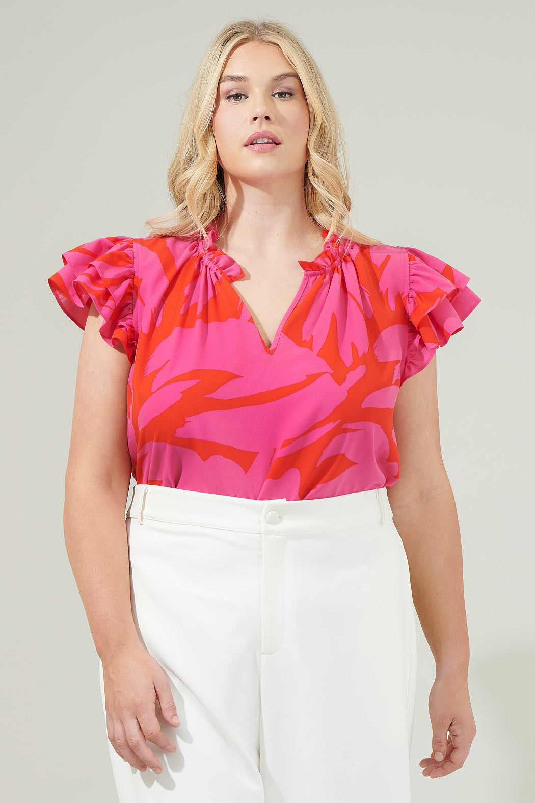 Jolene Abstract Bellissima Ruffle Sleeve Top Curve