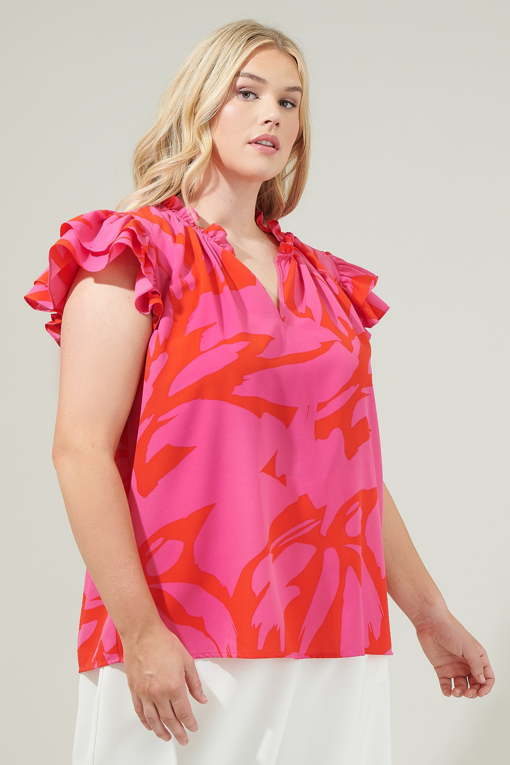 Jolene Abstract Bellissima Ruffle Sleeve Top Curve