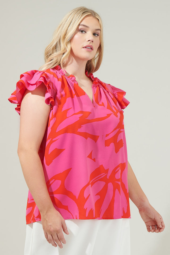 Jolene Abstract Bellissima Ruffle Sleeve Top Curve