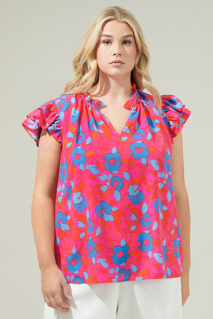 Lusma Floral Bellissima Ruffle Sleeve Top Curve