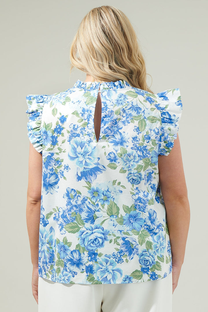 Truth Be Told Blue Floral Gabrielle Mock Neck Poplin Top Curve