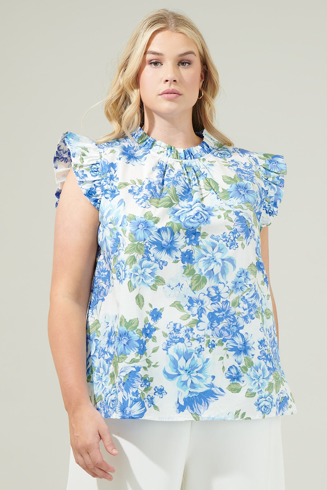 Truth Be Told Blue Floral Gabrielle Mock Neck Poplin Top Curve