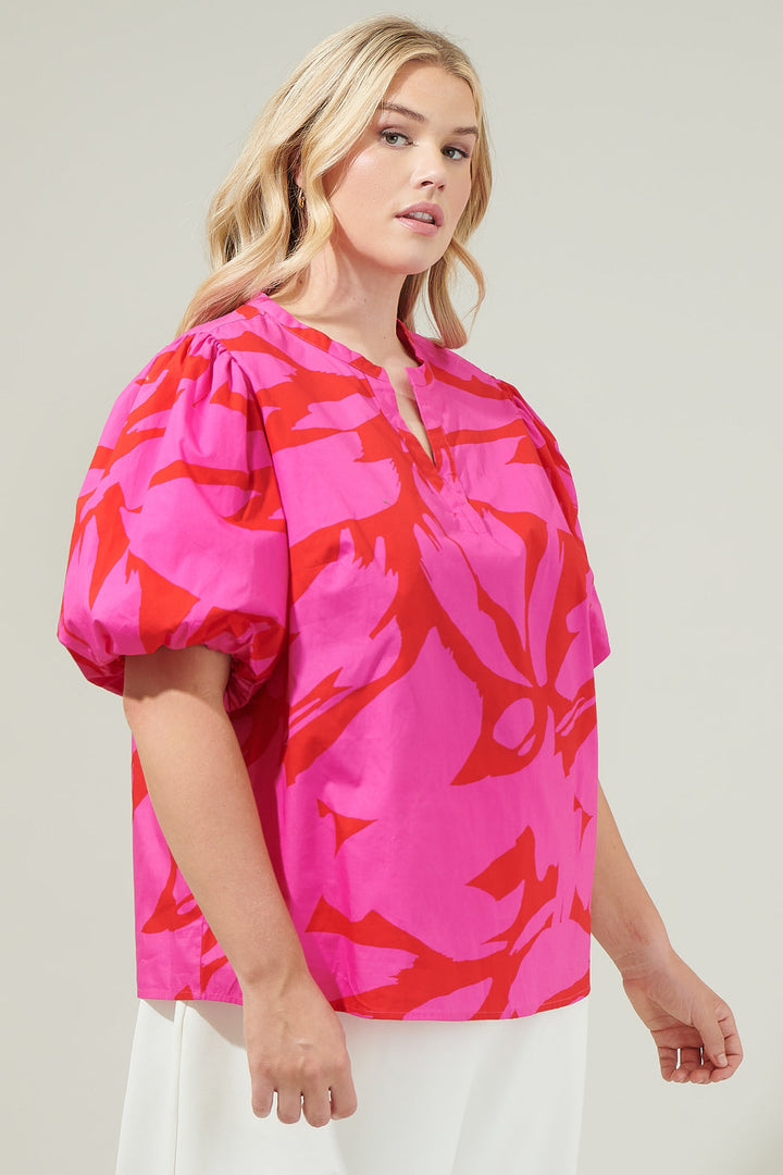 Jolene Abstract Tropical Split Neck Top Curve