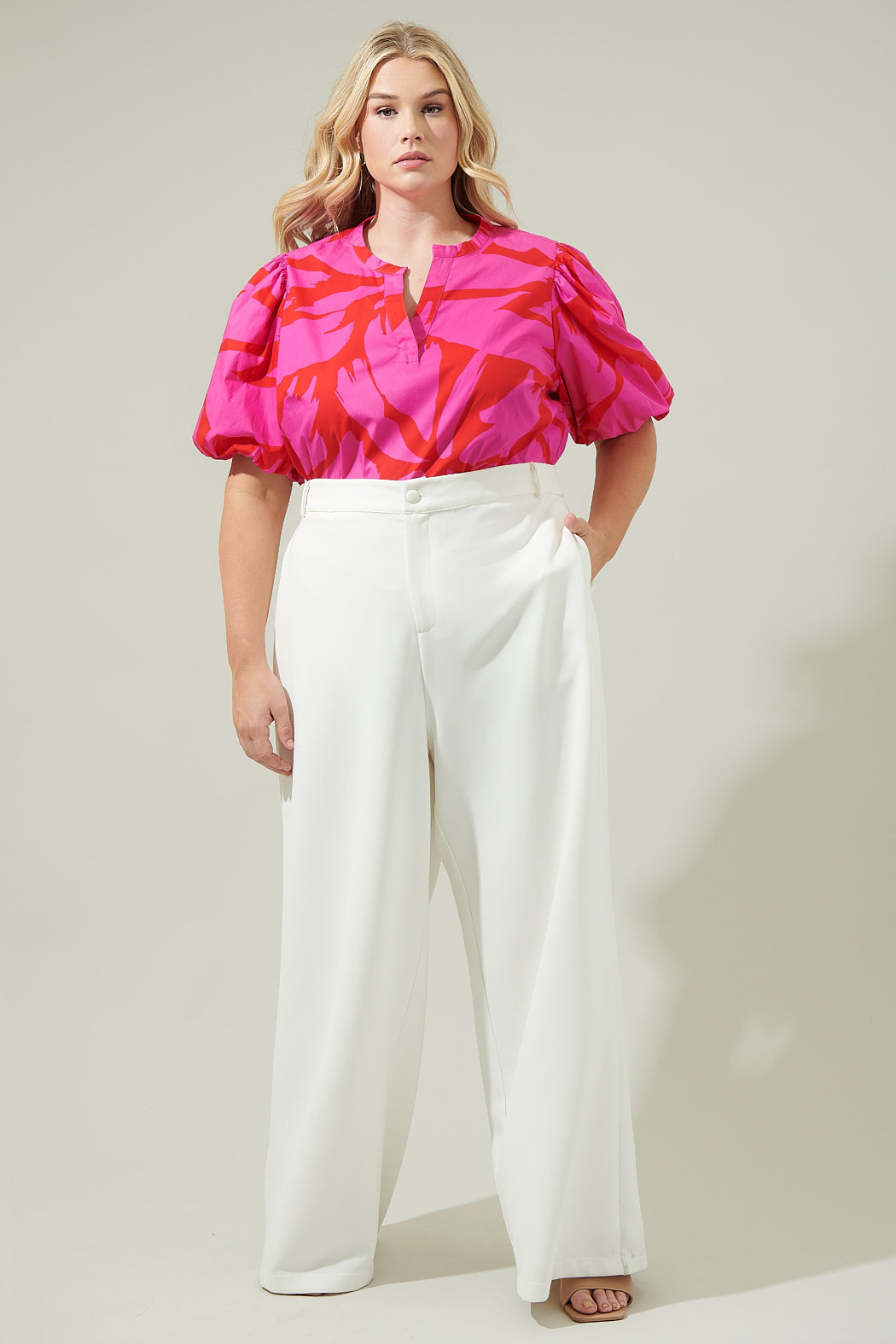 Jolene Abstract Tropical Split Neck Top Curve