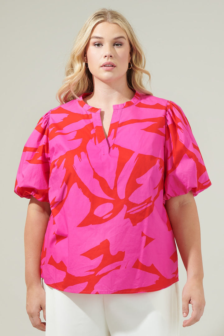 Jolene Abstract Tropical Split Neck Top Curve