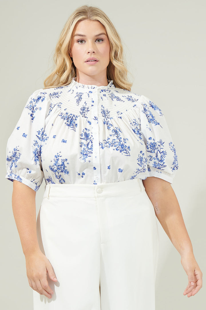 Bestia Floral Blossom Smocked Mock Neck Top Curve