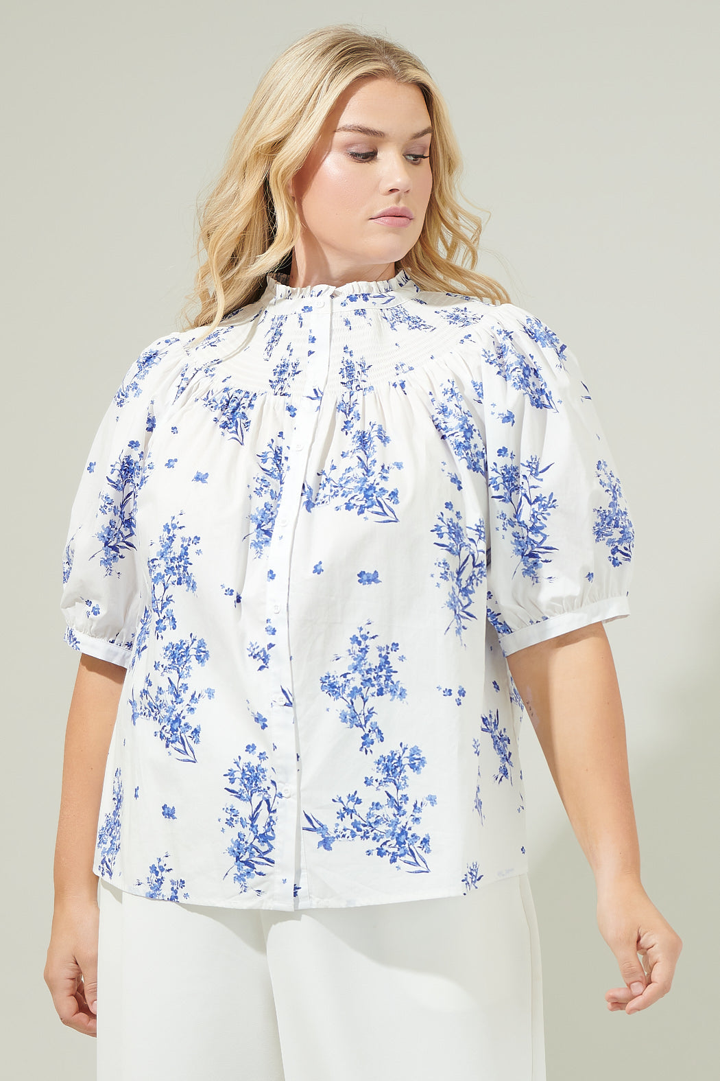 Bestia Floral Blossom Smocked Mock Neck Top Curve