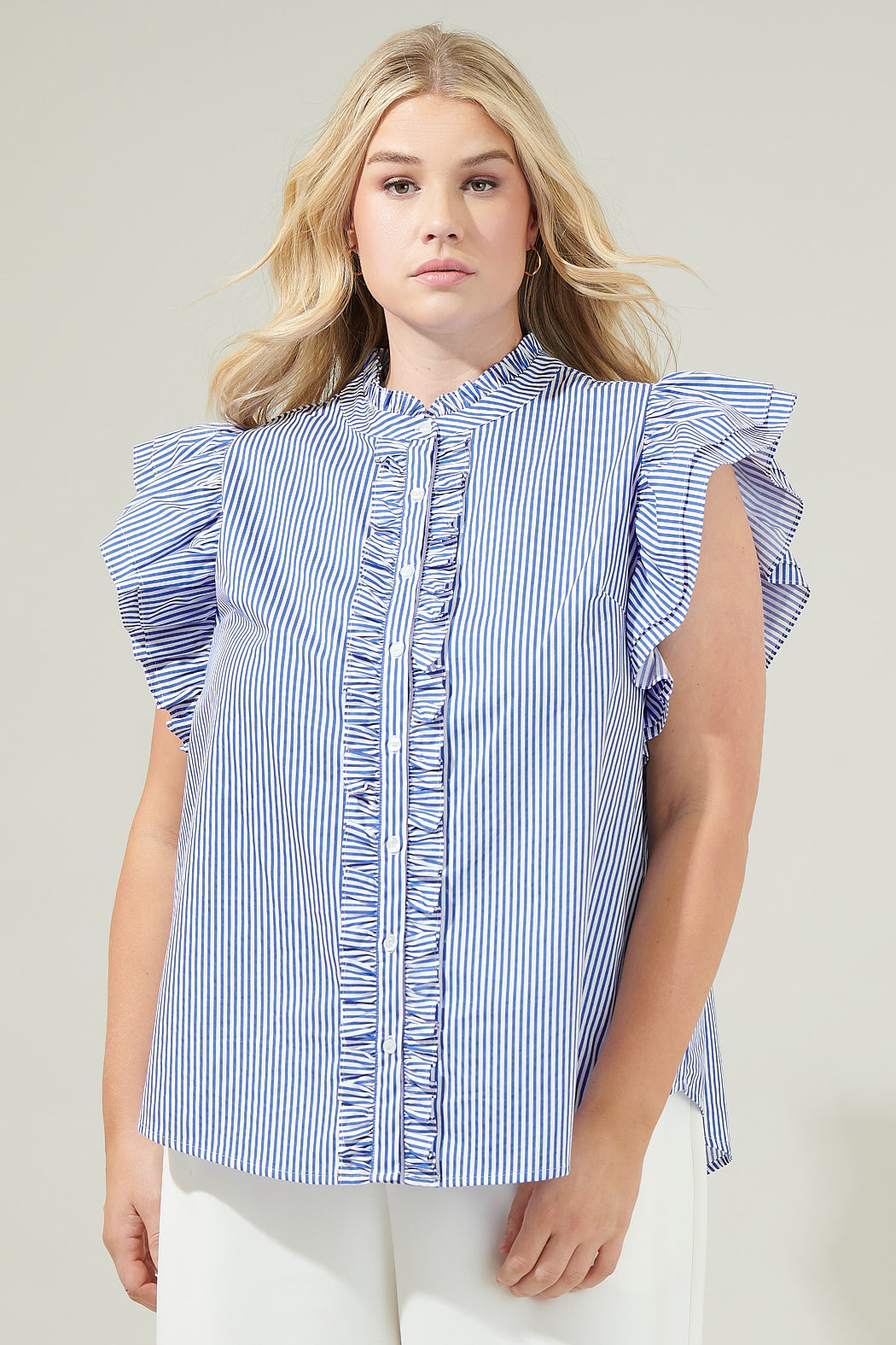 Sherah Striped Sleeveless Ruffle Top Curve
