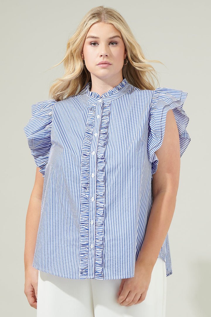 Sherah Striped Sleeveless Ruffle Top Curve