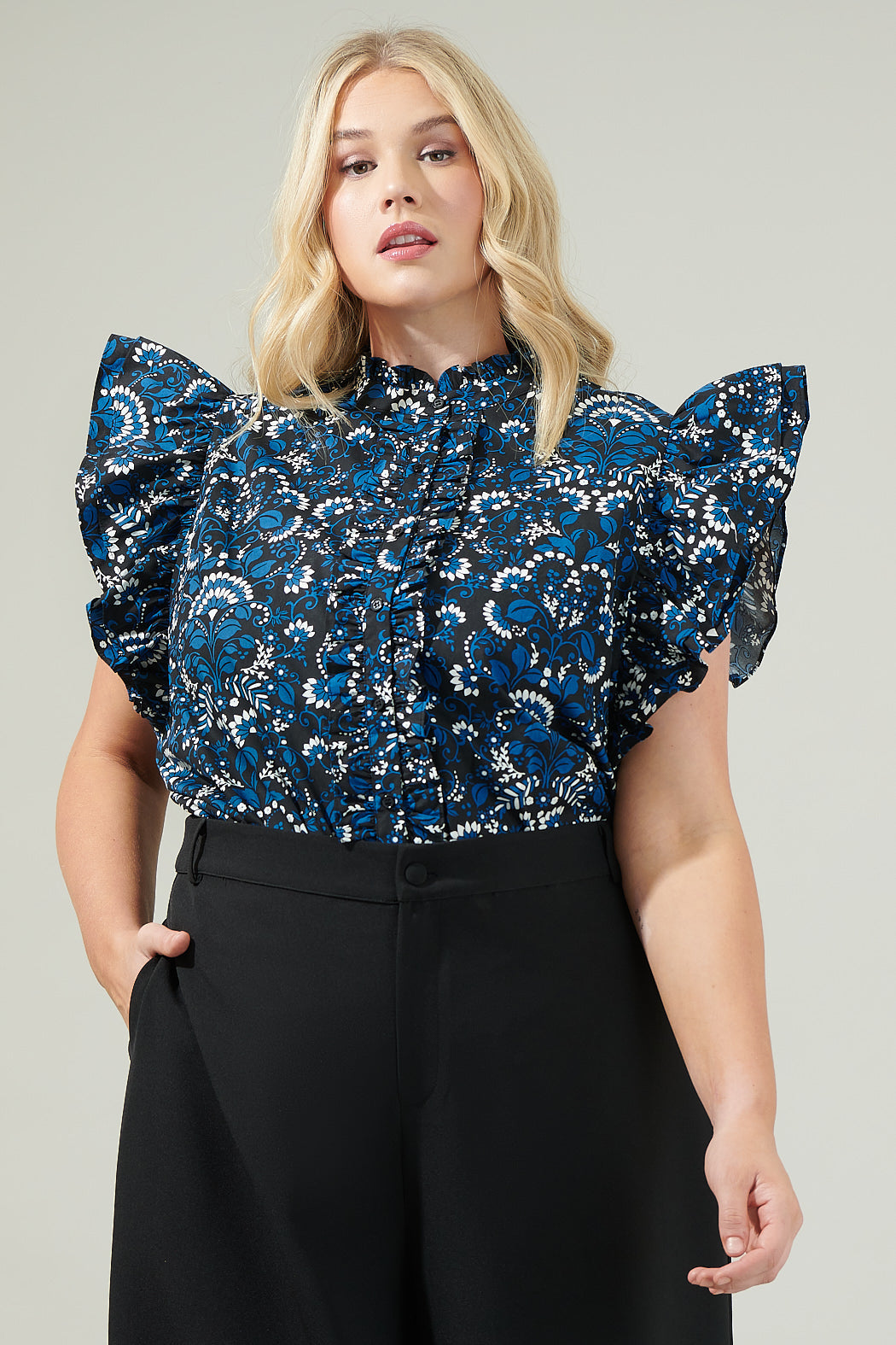 Etta Floral Sleeveless Ruffle Top Curve