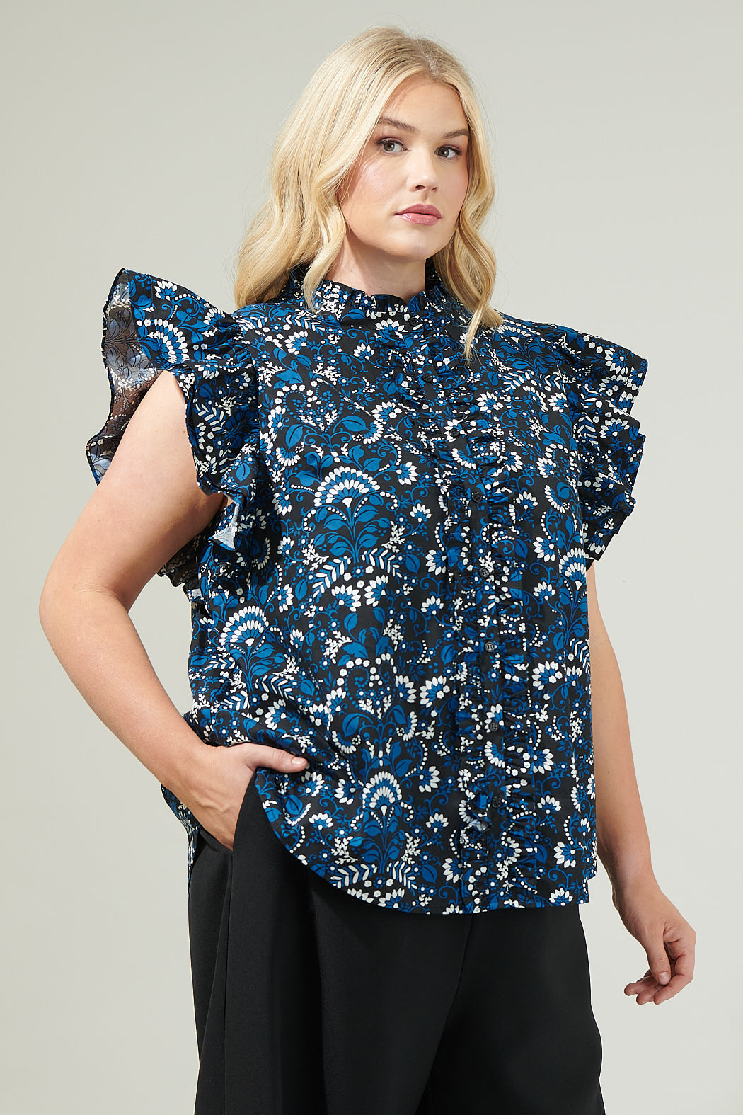 Etta Floral Sleeveless Ruffle Top Curve