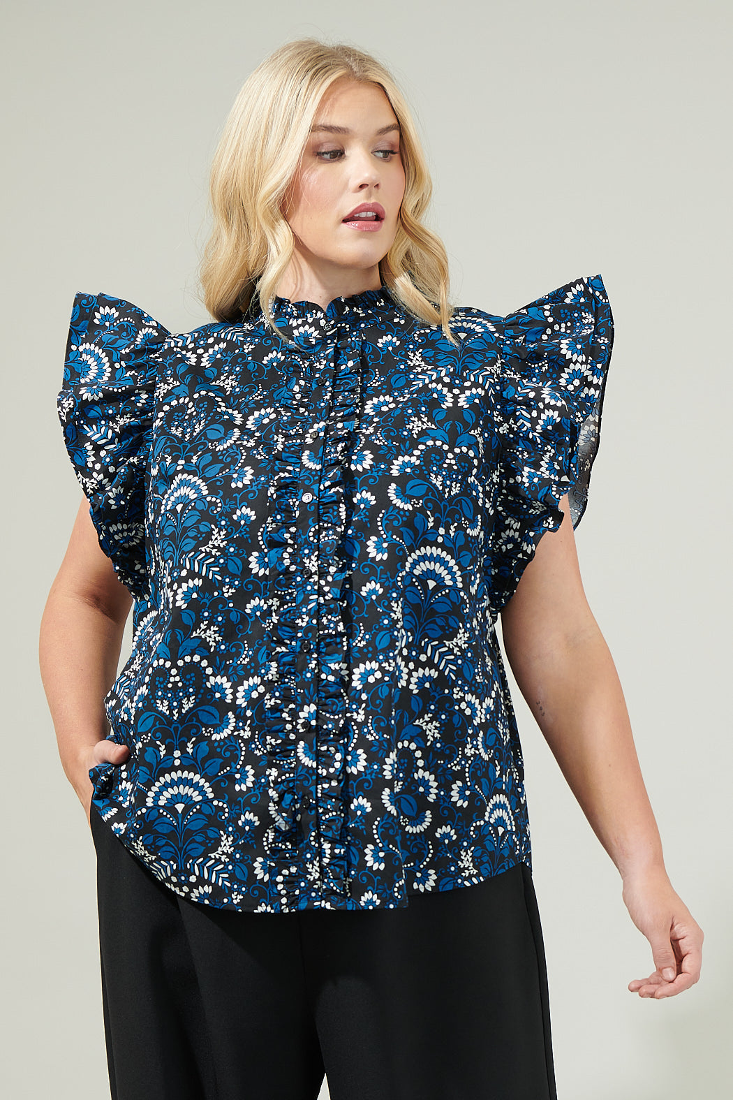 Etta Floral Sleeveless Ruffle Top Curve