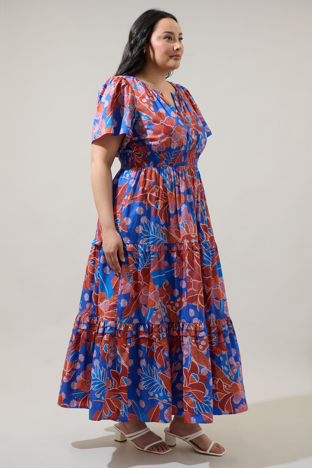 Amazonia Blue Floral Palmer Poplin Tiered Maxi Dress Curve