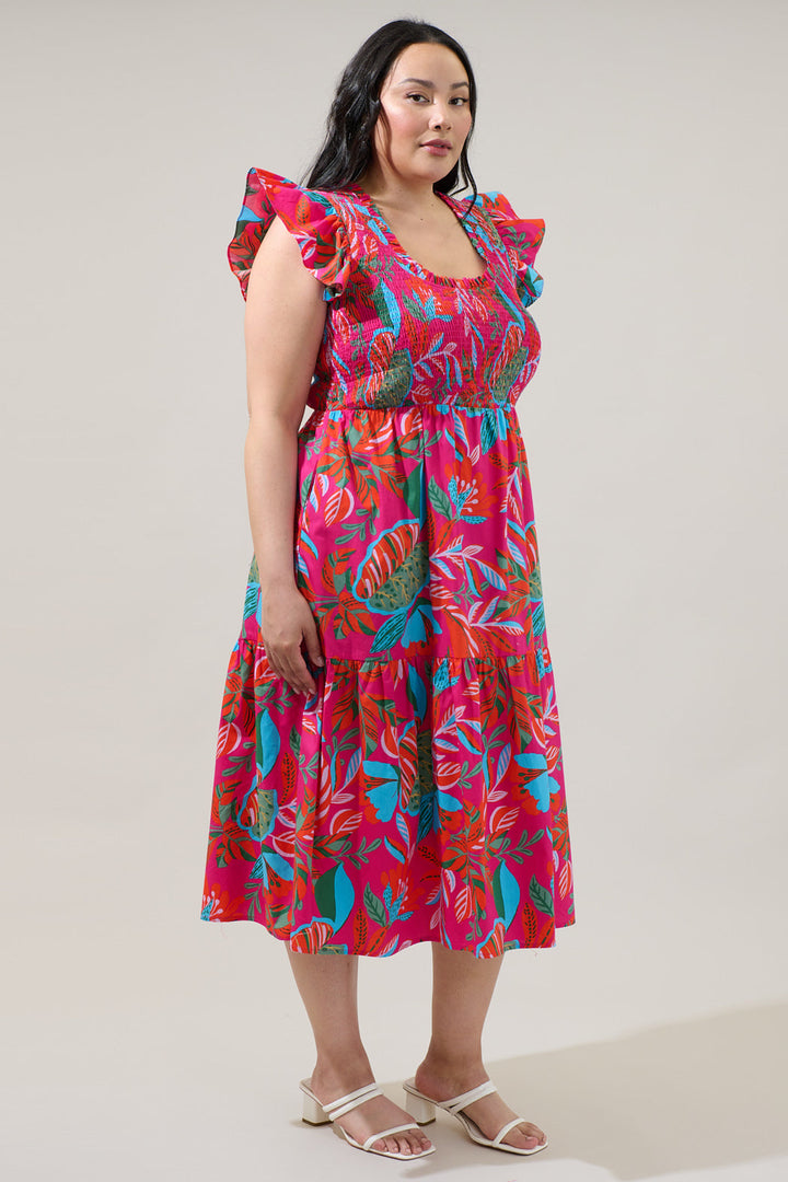 Cactus Blossom Giza Glare Smock Tiered Midi Dress Curve
