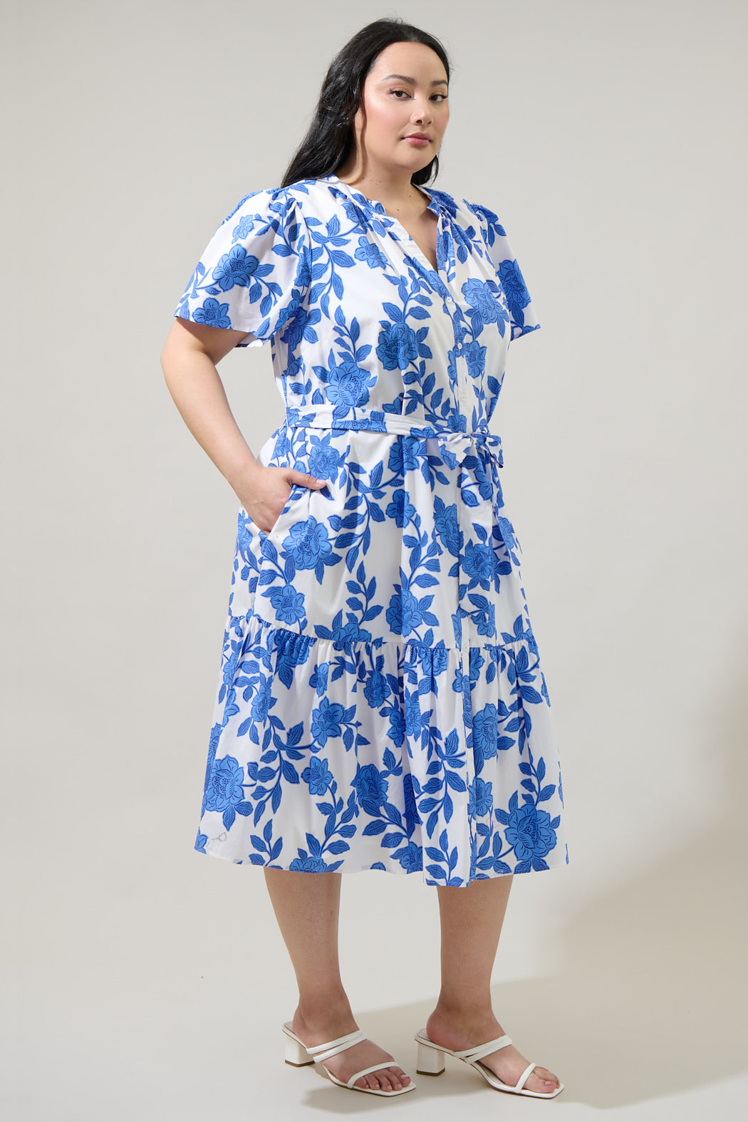 Glantis Floral Cora Button Up Midi Dress Curve