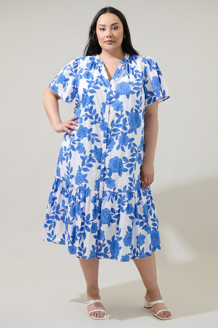 Glantis Floral Cora Button Up Midi Dress Curve