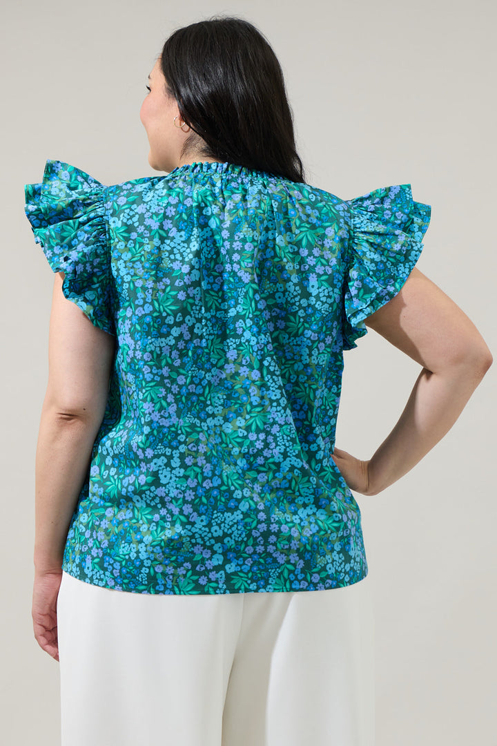 Midnight Floral Risette Ruffle Split Neck Top Curve