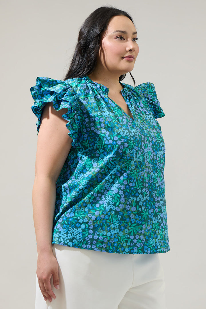 Midnight Floral Risette Ruffle Split Neck Top Curve