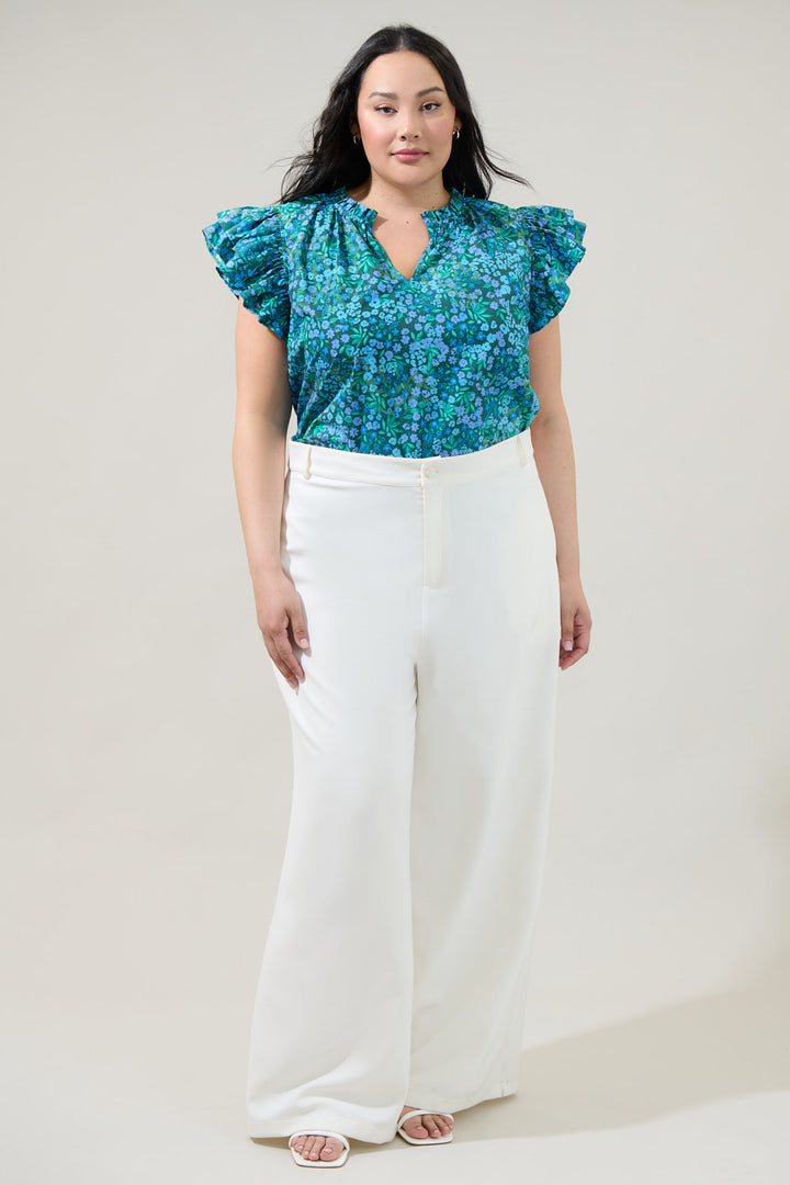 Midnight Floral Risette Ruffle Split Neck Top Curve